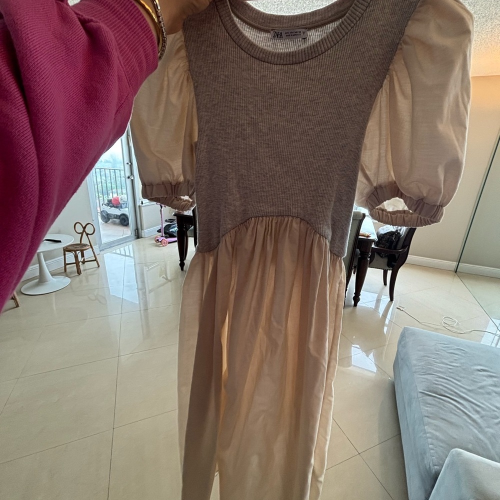 Zara Gray Knit Bodice Beige Puff Sleeve Midi Dress